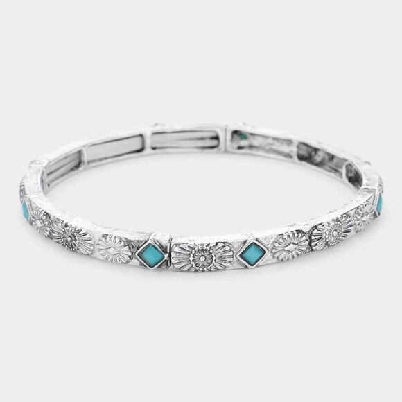 NEW Boho Turquoise Engrave Antique Metal Stretch Bracelet - Picture 1 of 6